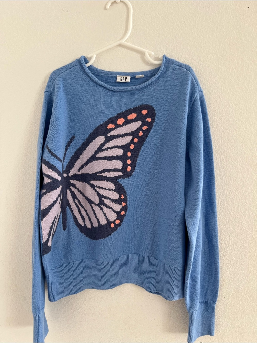 GAP Light Blue Butterfly Crewneck Sweater with Pink Accents